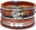 Fesciory Leopard Bracelet for Women, Boho Leather Wrap Multi-Layer Pearl Crystal Bracelet Bangle Jewelry